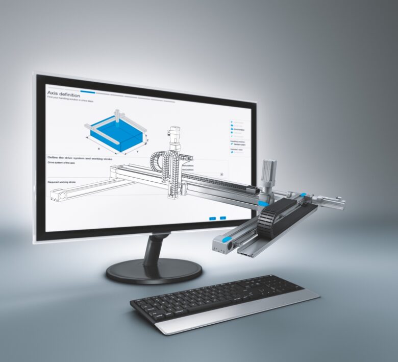 Screenshot of the Festo Handling Guide Online showing a design of a multi-axis linear-motion Cartesian system.